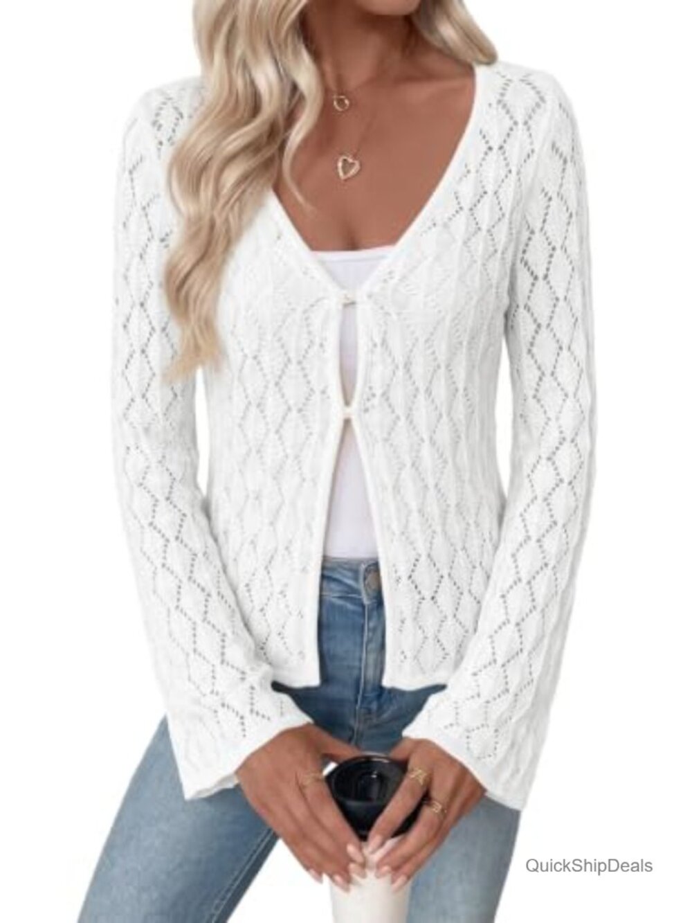 Crochet Knit Cardigan Sweater Open Knit Button Front Long Bell Sleeve
